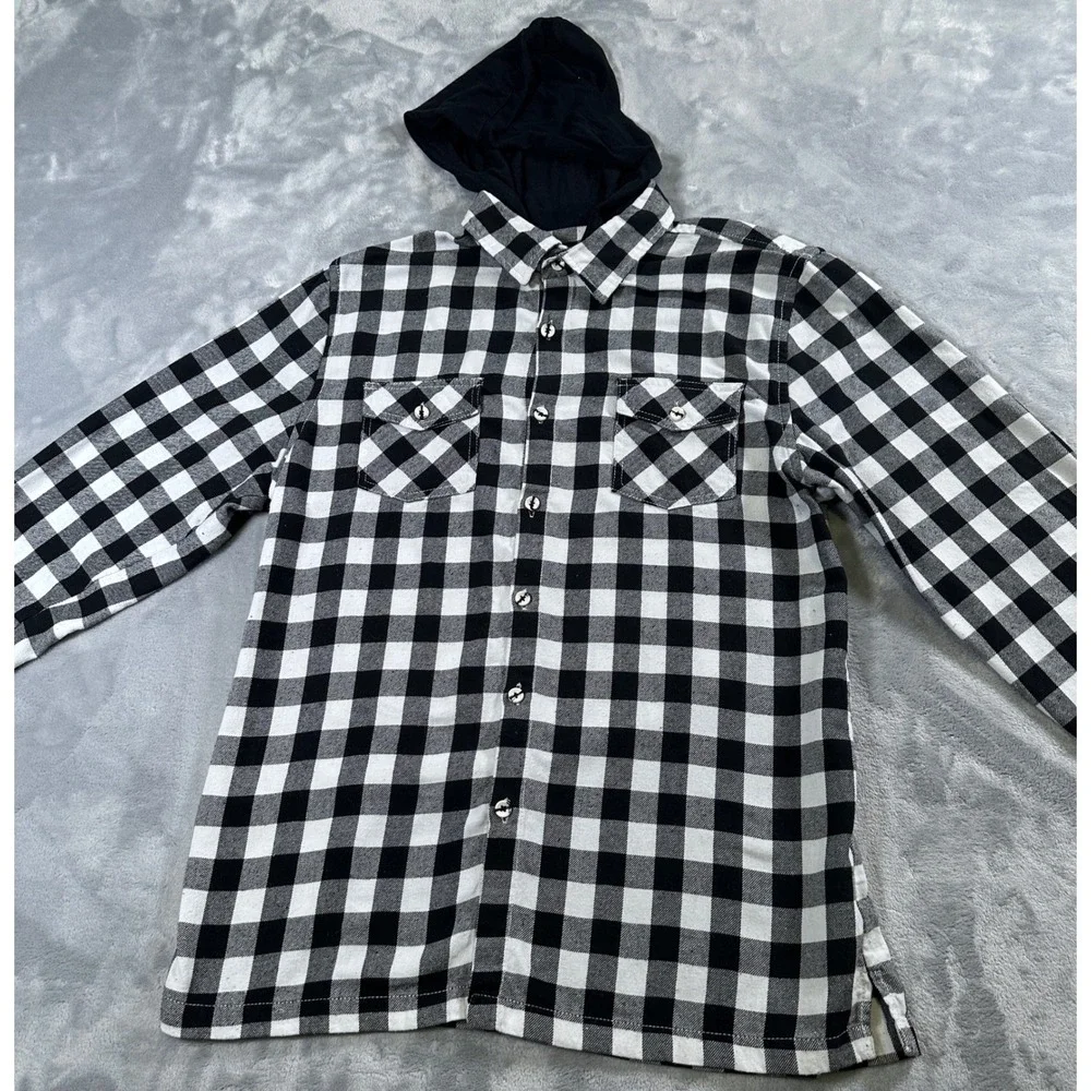 MONUMENT Mens Flannel Shirt Hooded Buffalo Plaid Black/White Lg‎ Cozy Streetwear